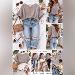 Neutral Ribbed Crop Top | Casual Relaxed Fit Short Sleeve Tee